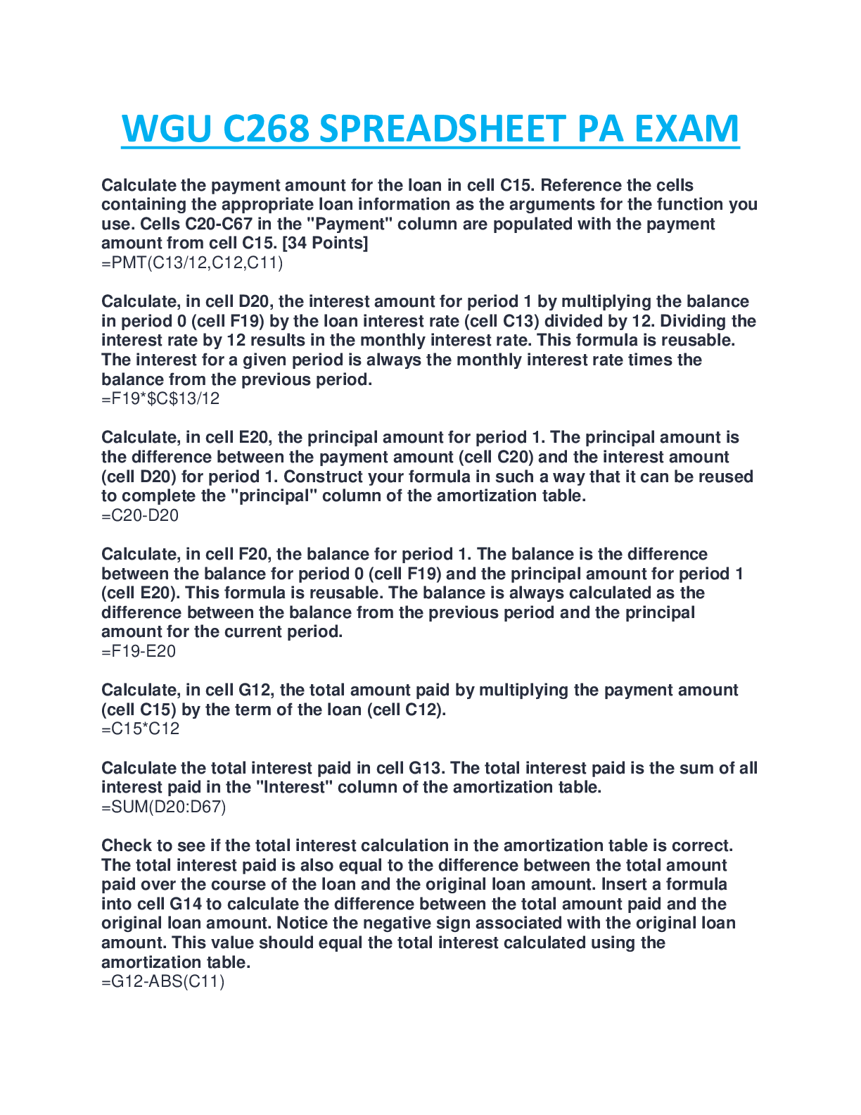 Preview of WGU C268  SPREADSHEETS (PA- QUESTIONS & ANSWERS )2023 LATEST GUIDE SOLUTIONS.